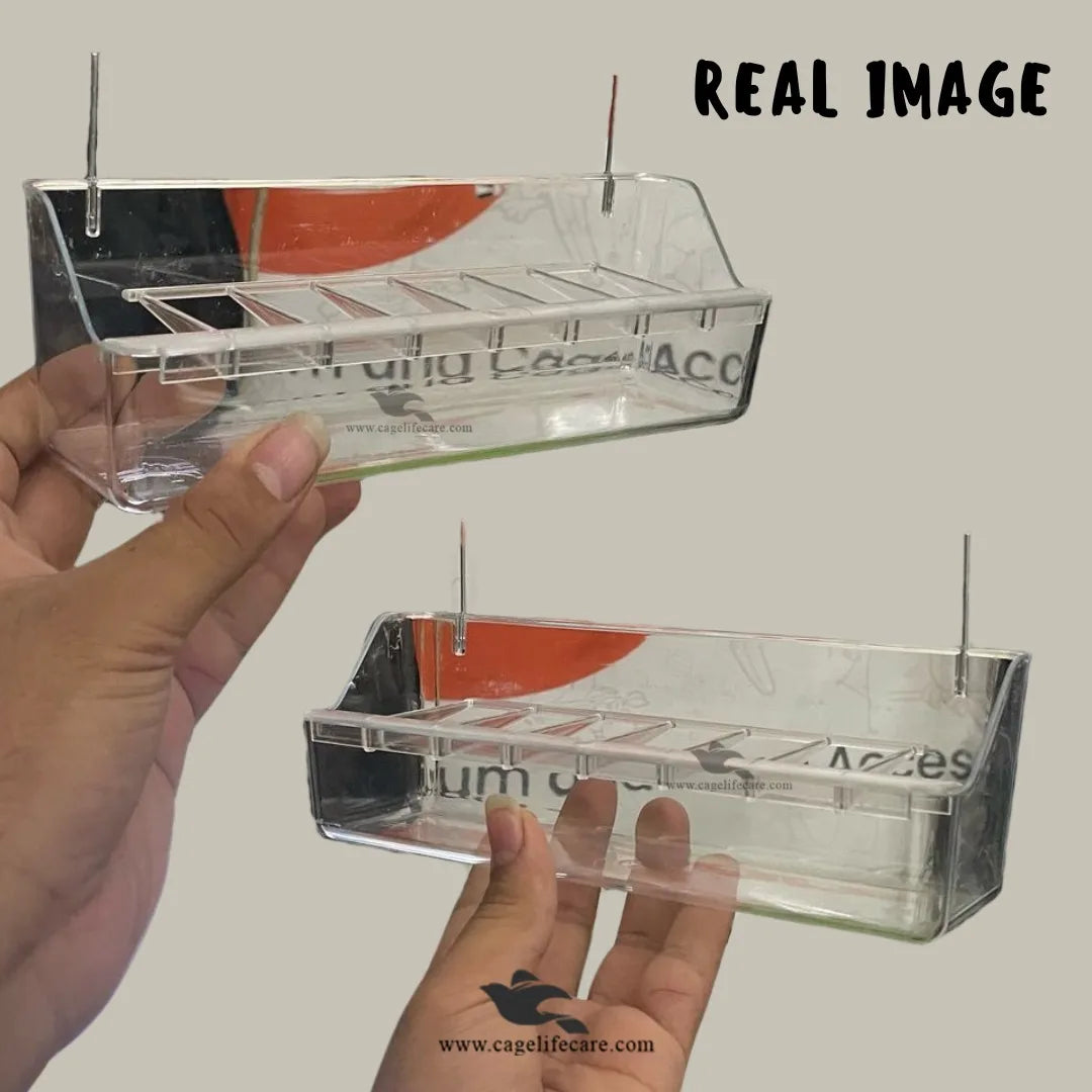Acrylic Aviary Feed Feeder – 15 Inch for Small Birds - Real image
