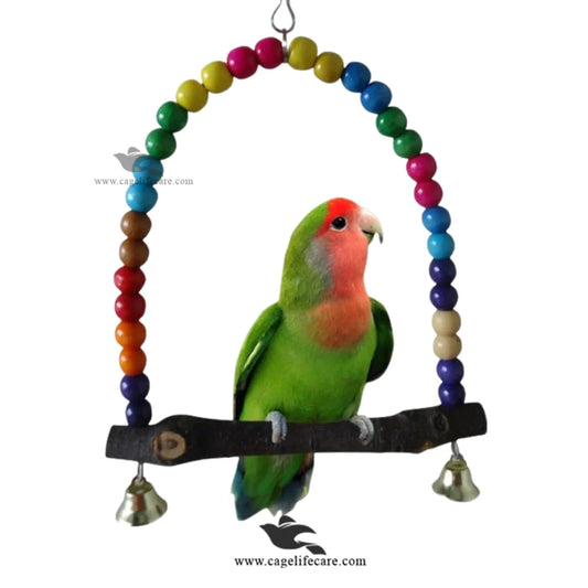 Beads Swing Bird Toy – D-Shape Wooden Perch with Bells