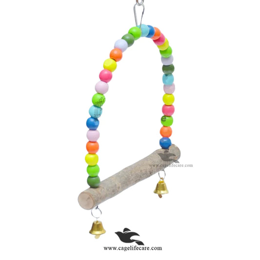 Beads Swing Bird Toy – D-Shape Wooden Perch with Bells