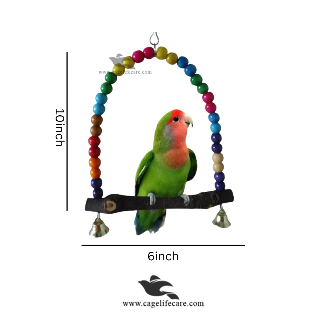 Beads Swing Bird Toy – D-Shape Wooden Perch with Bells