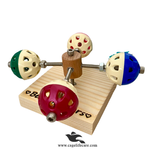 Colorful wooden Bird toy with multiple nooks on a white background