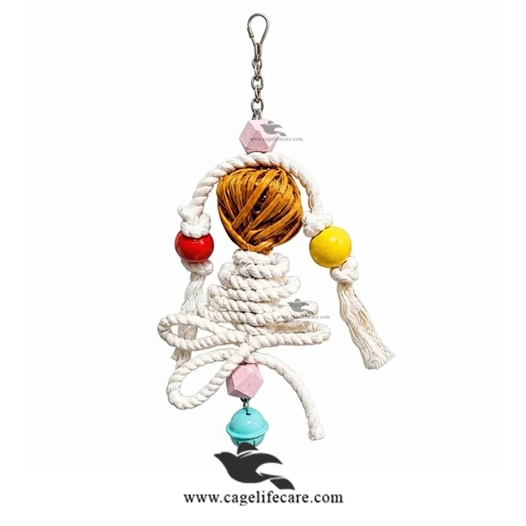 Colorful wooden bird toy with cotton rope and bamboo ball