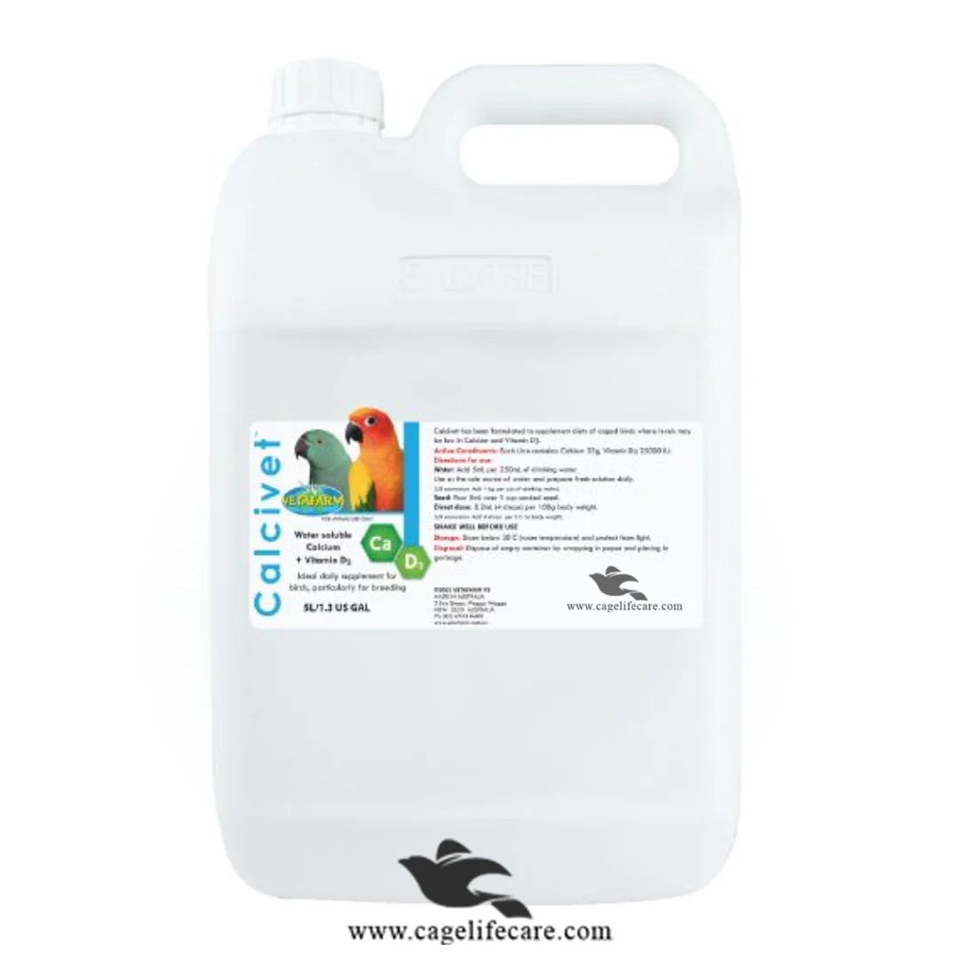 Calcivet – Liquid Calcium Supplement with Vitamin D3 for Birds Boost Birds Calcium Stop Dead in shell and egg binding Solution 5Liter Can and Loose Packing