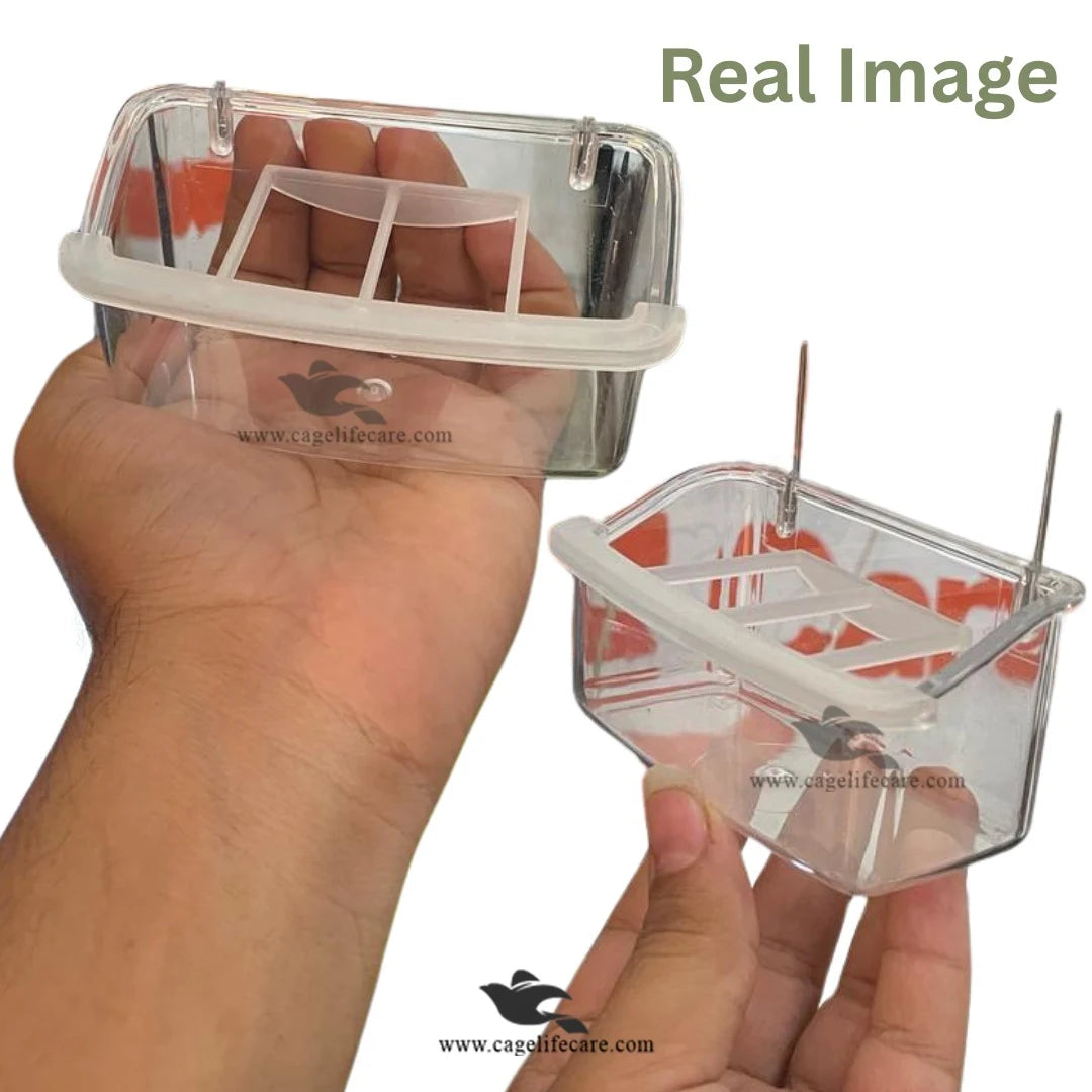 Feeding Pot with Grid – Premium Transparent Feeder for Small Birds Real Image