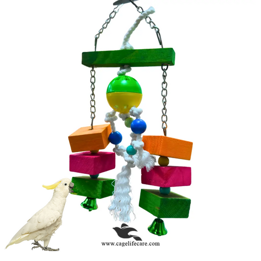 Filo hanging bird toy with natural wood, beads, and bell