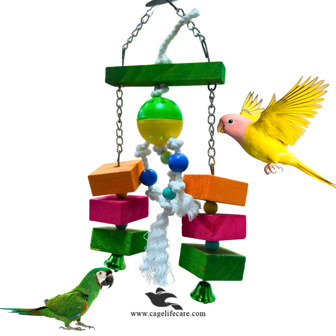 Colorful parrot swing toy with ropes and jingle bell