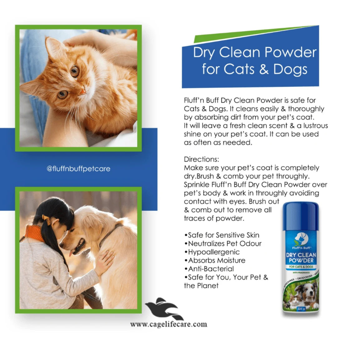 Fluff n Buff Dry Clean Powder for Cats & Dogs – Waterless Grooming 225g