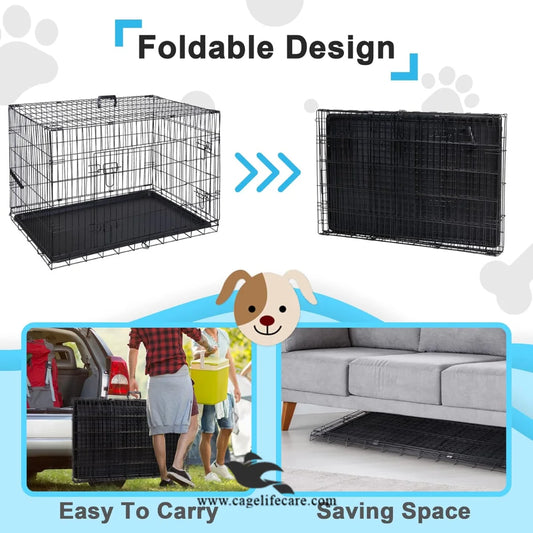 Spacious pet cage with food and water pots