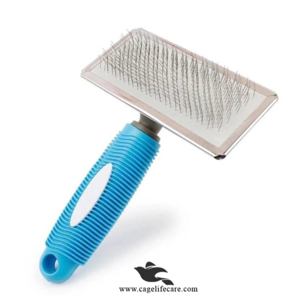 Slicker brush with curved stainless steel pins for pets