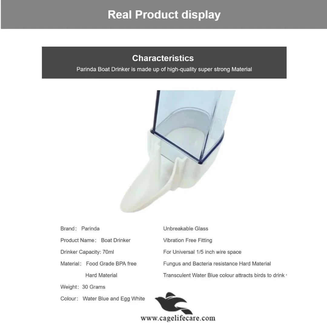 70ml Boat Drinker for Small Birds – Premium Glass Water Dispenser - Characteristics