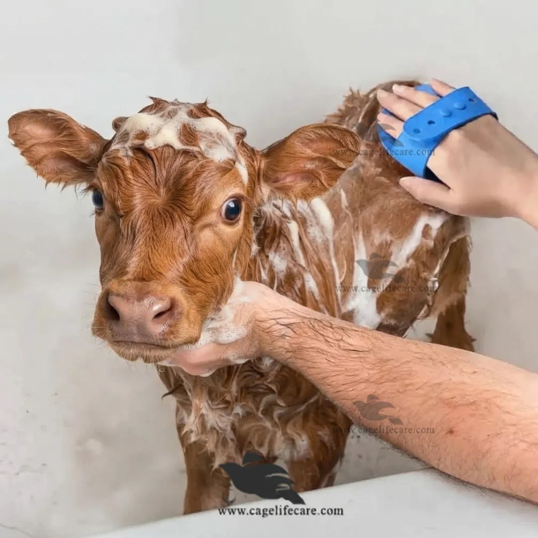 Rubber pet bathing and grooming brush with adjustable ring handle