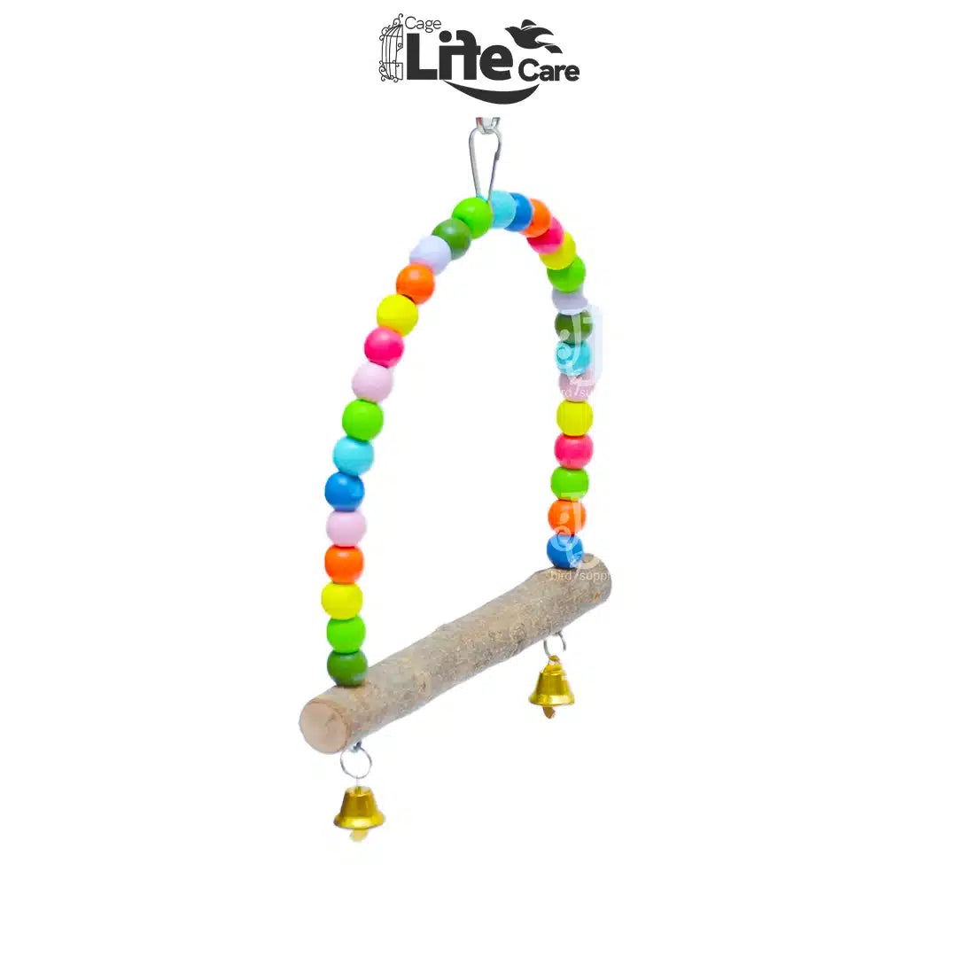 Beads Swing Bird Toy – D-Shape Wooden Perch with Bells