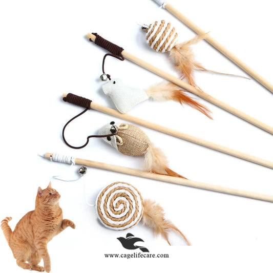 Cat Wand Play Stick with Feather and Beads – Wooden Play Stick