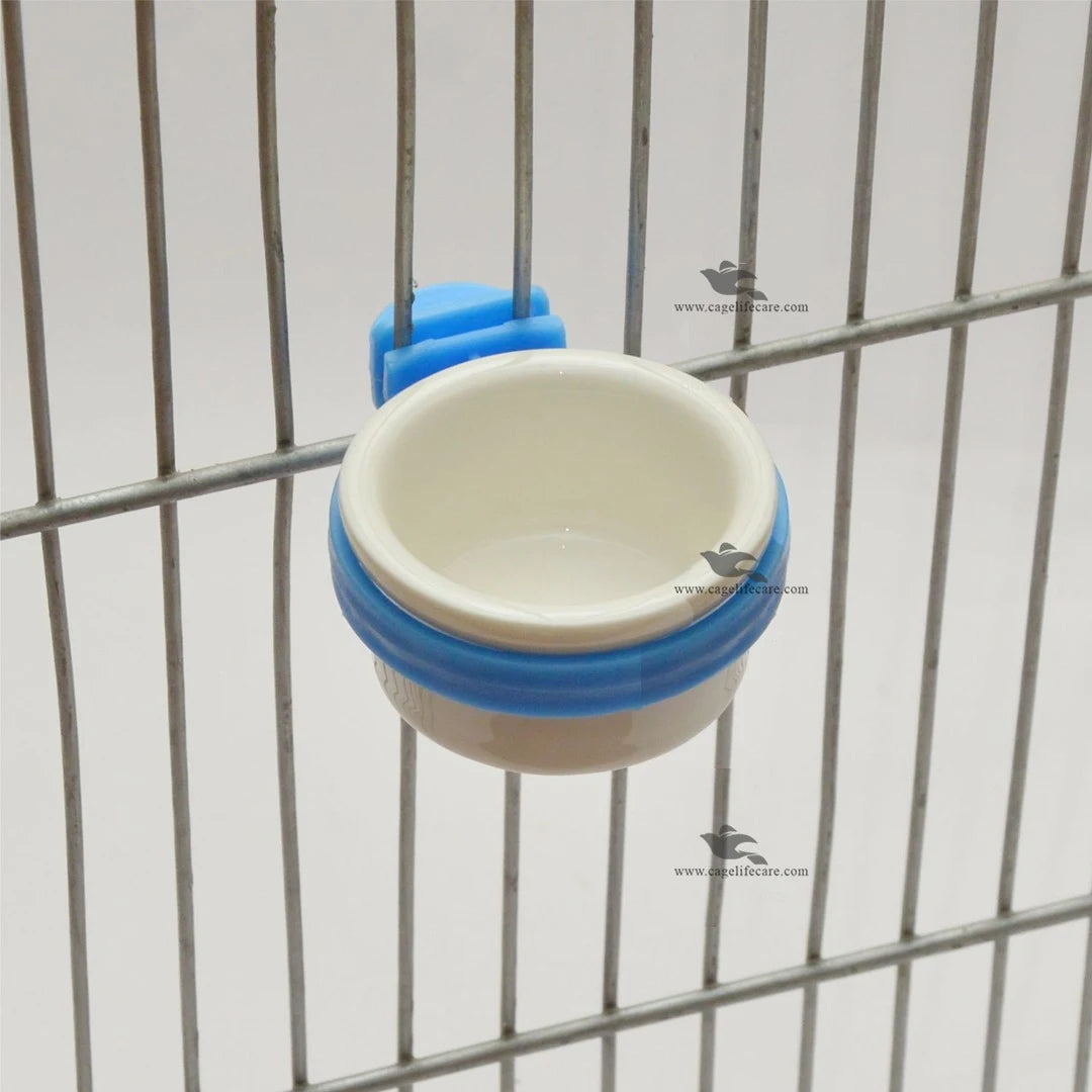 Ceramic Grit & Softfood Pot For Small Birds Blue Color RIng with Install in cage