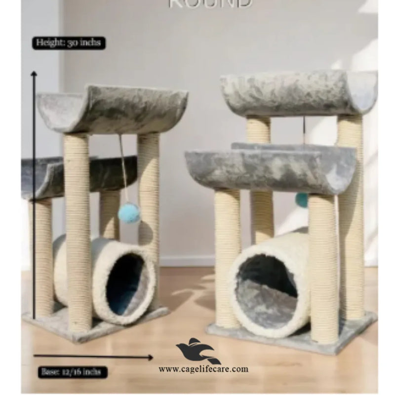 Double Curve Round Cat Scratcher with 2 Curved Sits & Round Hole – 80cm Height