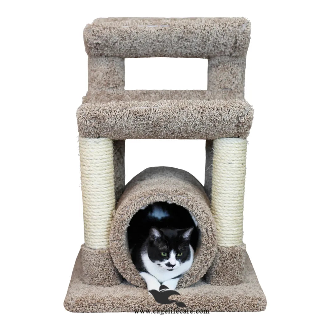 Cat scratcher with two curved sitting spots and round hole