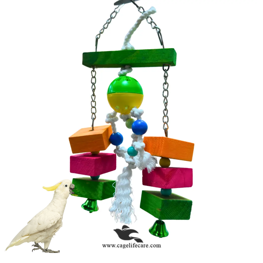 Filo hanging bird toy with natural wood, beads, and bell