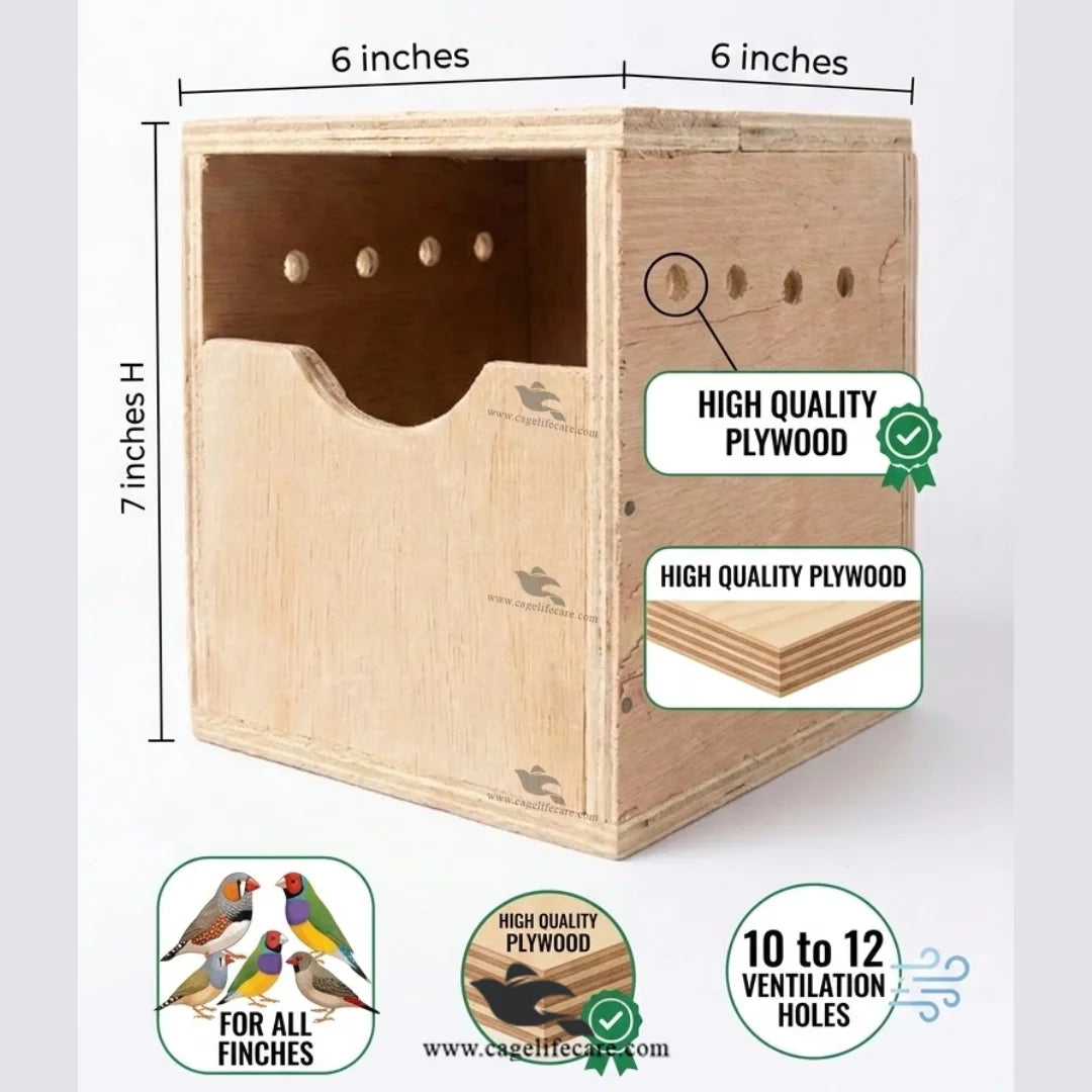 plywood finch nest box with ventilation holes
