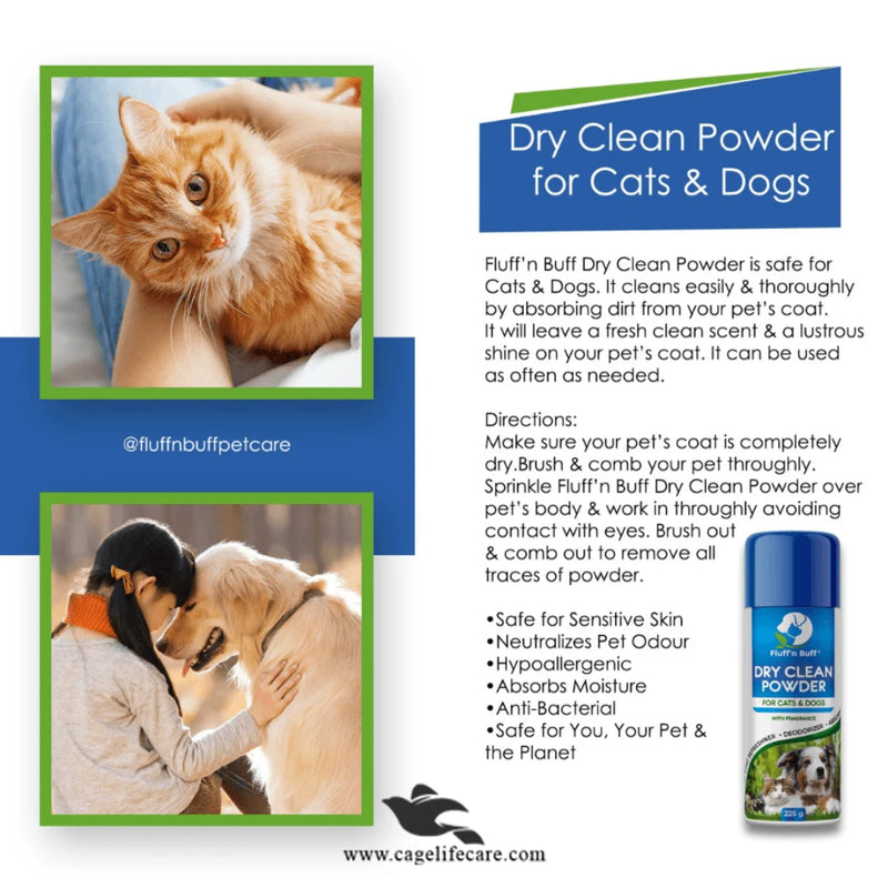 Fluff n Buff Dry Clean Powder for Cats & Dogs – Waterless Grooming 225g