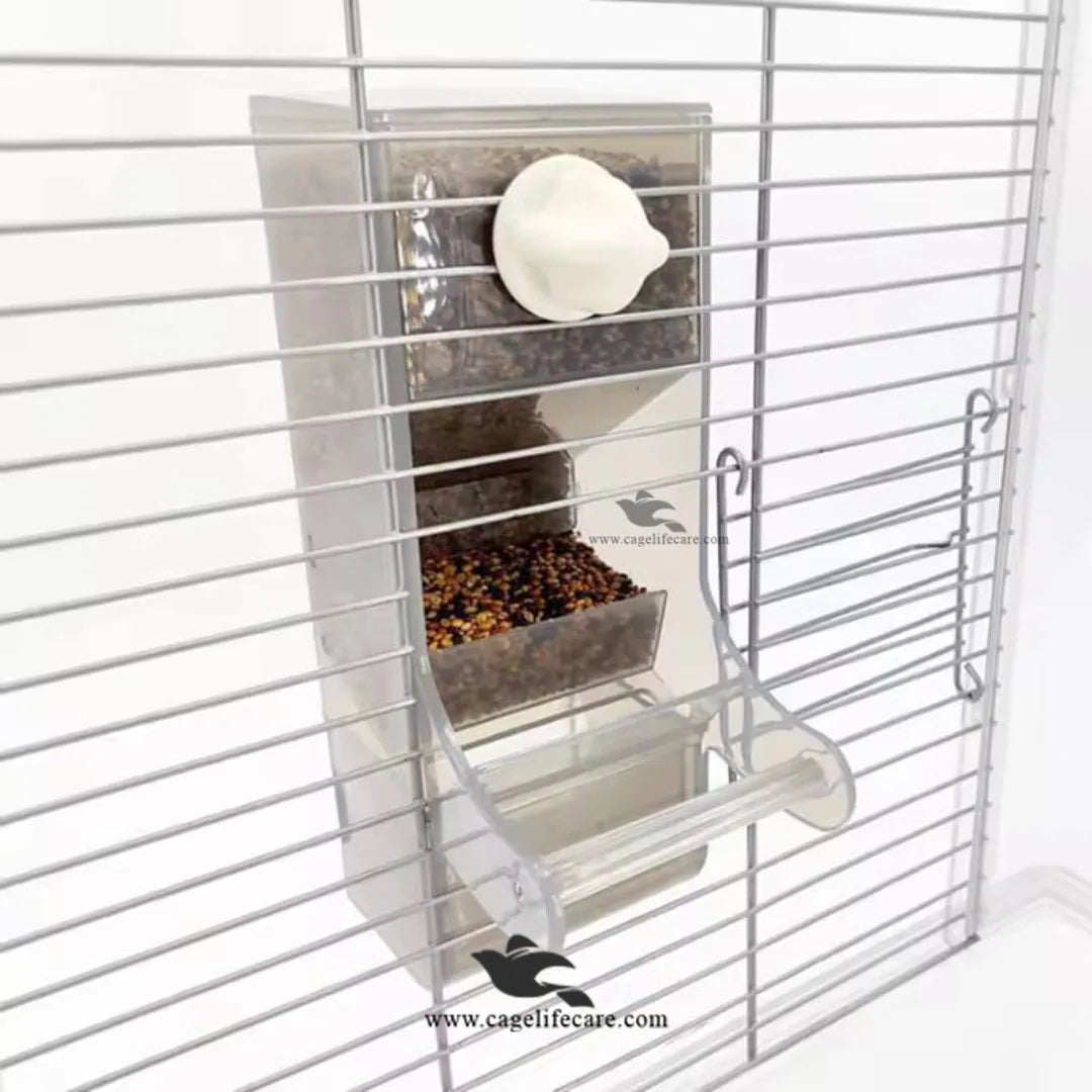Hanging automatic food dish for lovebirds and cockatiels