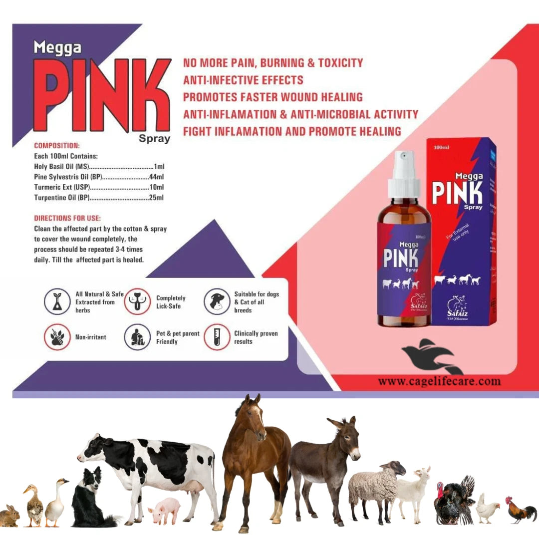 MEGA PINK SPRAY – High Quality Herbal Wound Healing Spray for Animals (100ml)