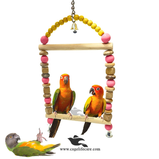 Rainbow Bead Double Perch Swing Toy with Natural Wood - Parrots & Small Birds