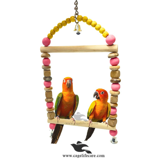 Rainbow Bead Double Perch Swing Toy with Natural Wood - Parrots & Small Birds