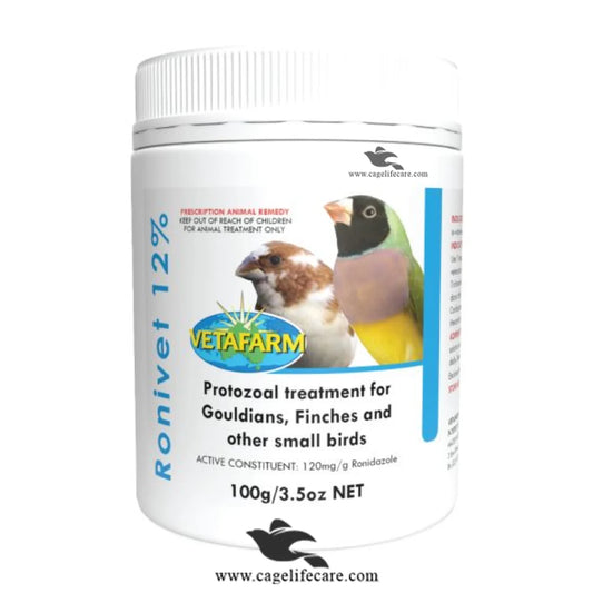 Ronivet 12% – Protozoal Treatment for Gouldians & Finches 100g Box and Loose Packing 