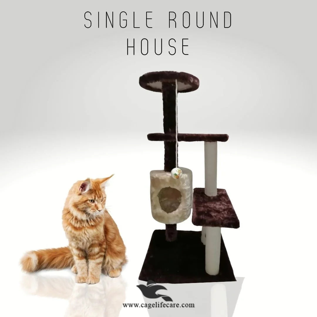 Cat furniture with scratch poles, house, and top perch