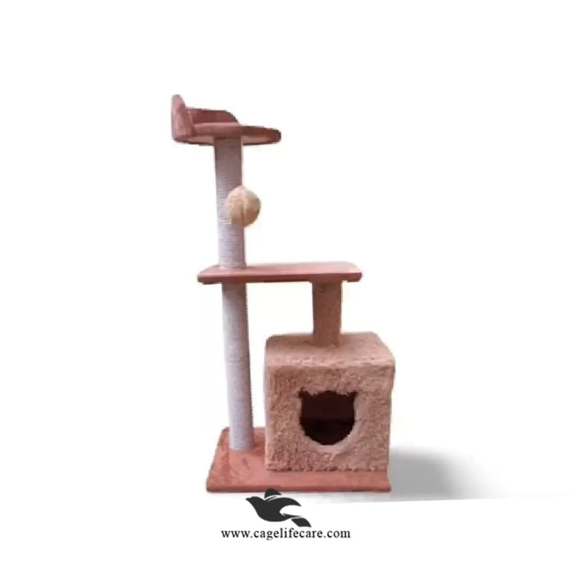 Single Square House Cat Scratcher – 92cm with Top Sit, Cozy House & Play Ball