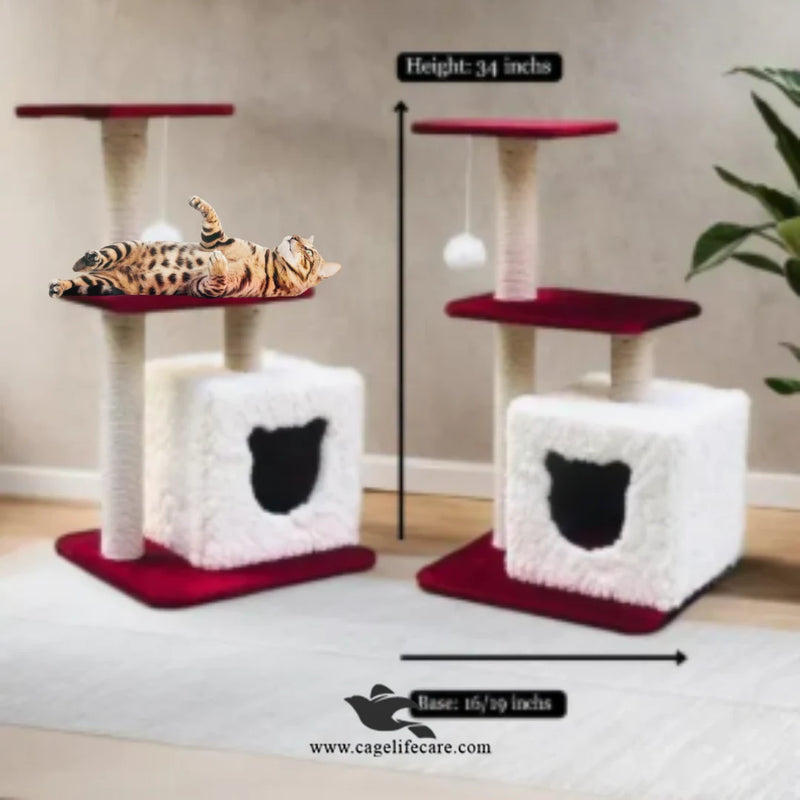Single Square House Cat Scratcher – 92cm with Top Sit, Cozy House & Play Ball