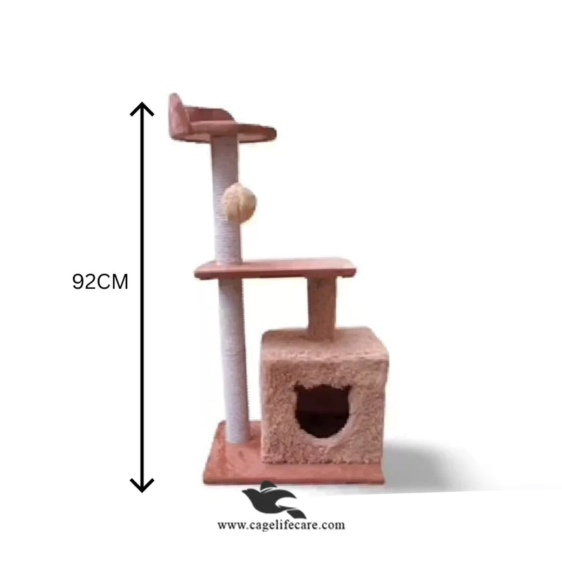 Single Square House Cat Scratcher – 92cm with Top Sit, Cozy House & Play Ball