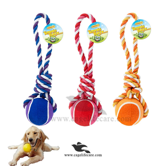 Tennis ball with rope dog toy for tug and fetch