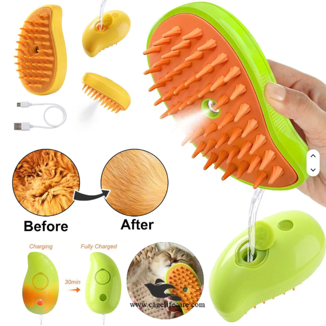 Cat and dog steam brush with water spray cleaning function
