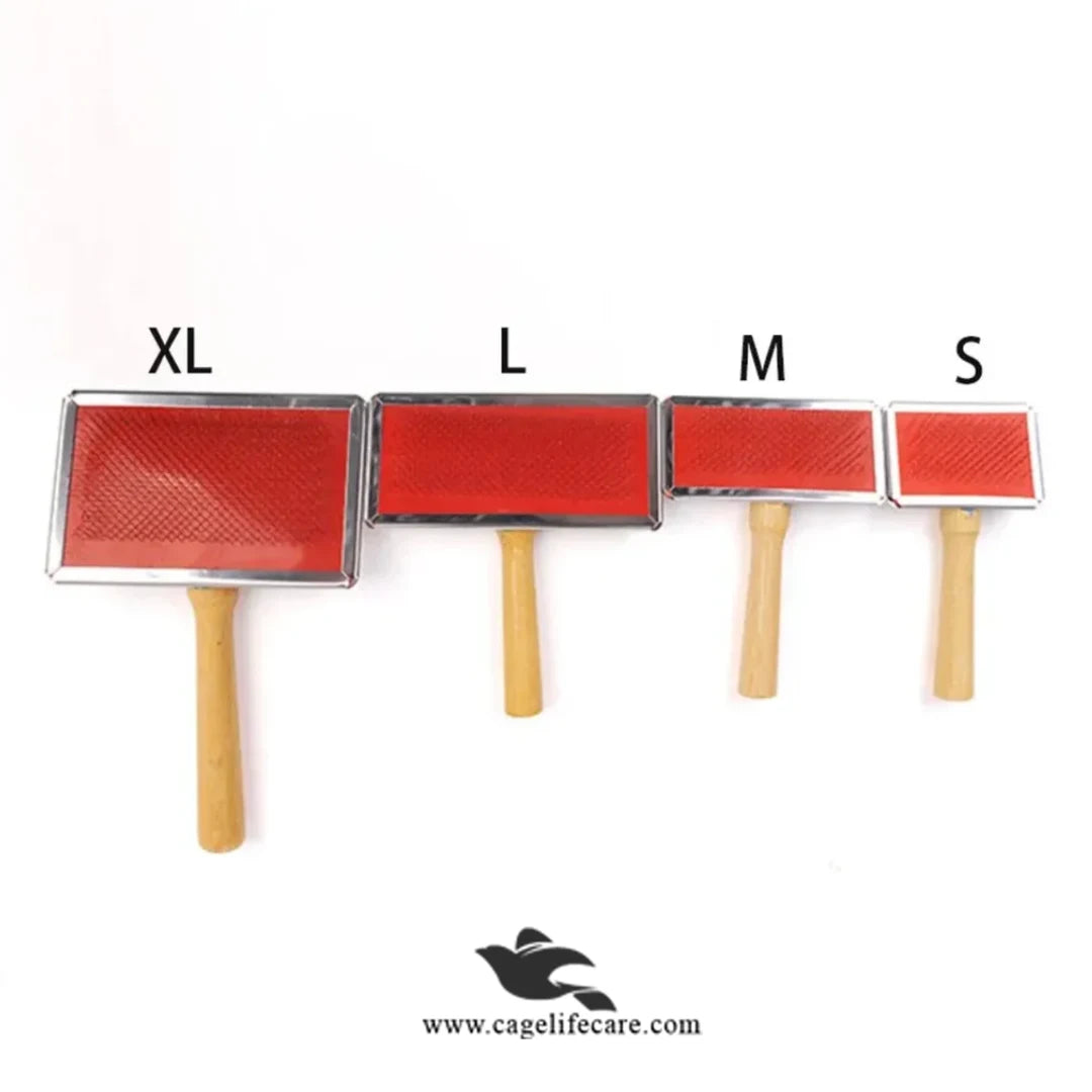 Pet deshedding wooden brush with ergonomic handle in multiple sizes