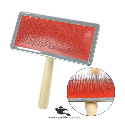 Dog and cat grooming brush with wooden handle for tangles and loose fur